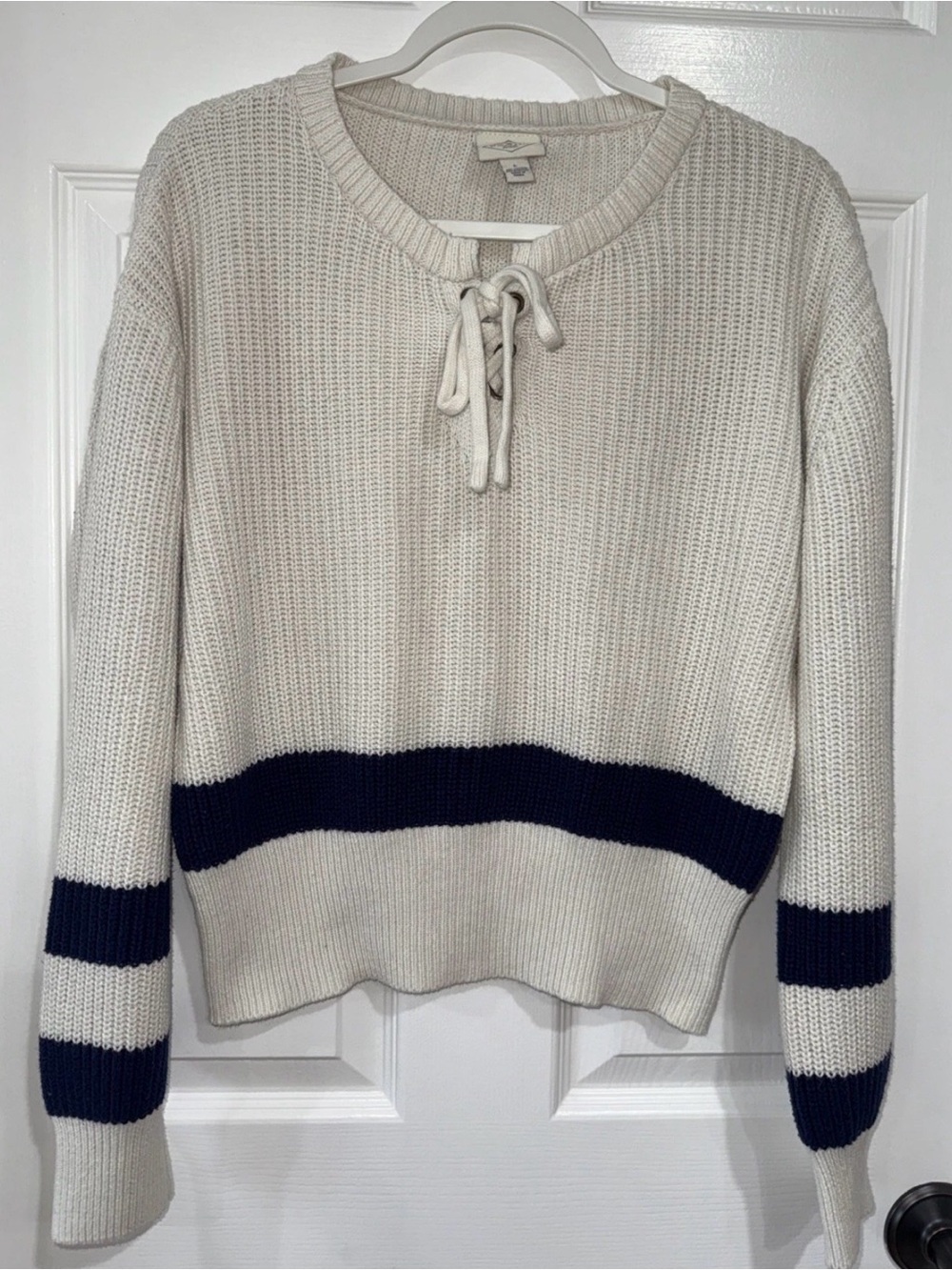 St. John's Bay LG Long Sleeve Chunky Knit Sweater Nautical Ivory /Blue Stripe